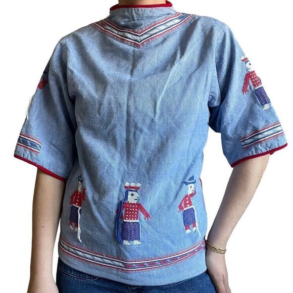 Vintage The Ranch Boutique Handwoven In Guatemala Denim Embroidered Boho Tunic S - Picture 1 of 9